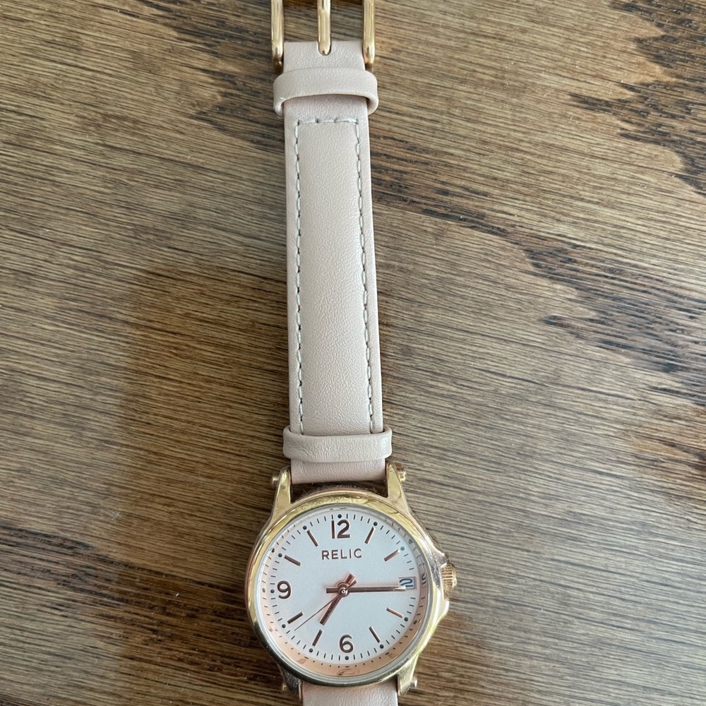 Relic Gold-Tone Watch with Pale Pink Leather Strap